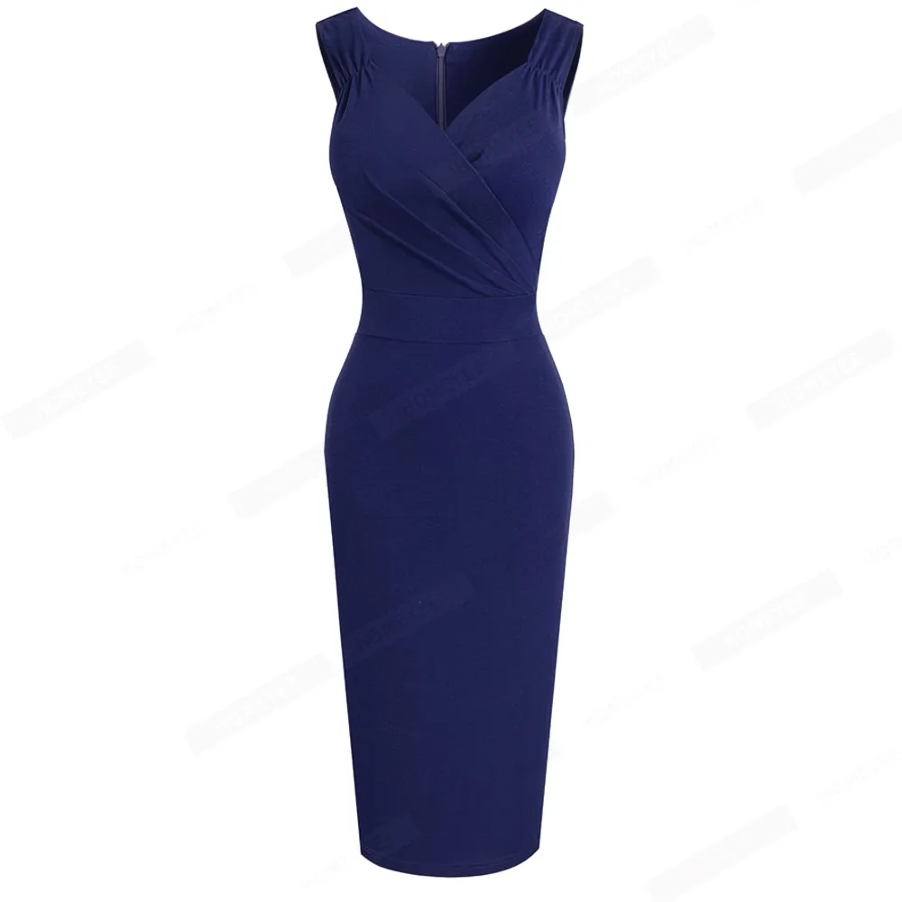 Women Sexy Charming Pure Color Sleeveless Low Cut Shirring Wrap Bodycon Pencil Dress EB669