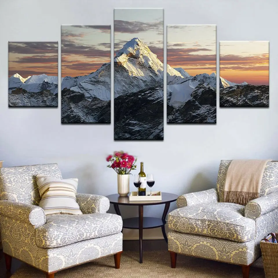 

No Framed Snow Mountain Peak Sunset 5 Pcs Canvas Picture Print Wall Art Canvas Painting Wall Decor for Living Room