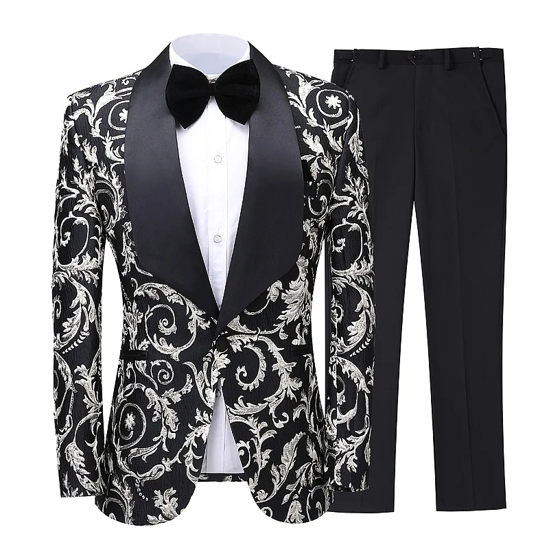 

Fashion Black Jacquard Printed Men Suit Jacket Pants Slim Fit Wedding Tuxedo Custom Made Wedding Groom Party Male Suits