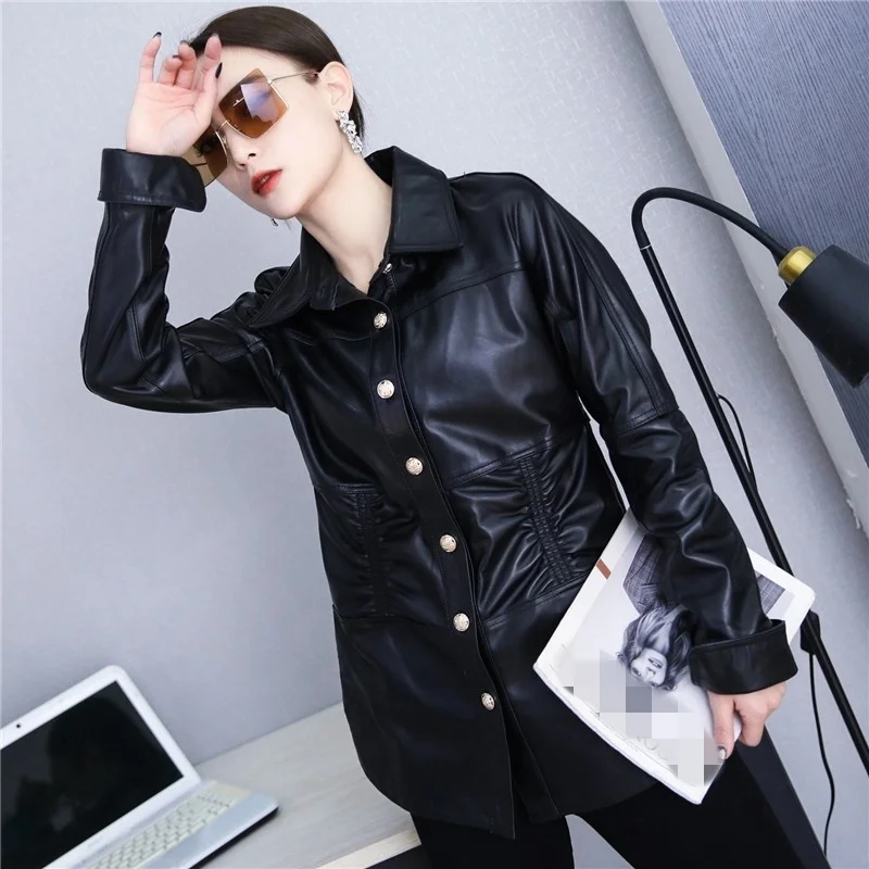 Autumn Spring Women 100% Real Leather Jacket Slim Waist High Quality Sheepskin Coat Casual Female Long Sleeve Outerwear Jackets