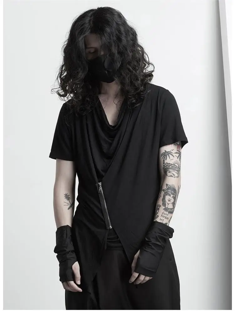 

Dark black trendy male fake two-piece short-sleeved T-shirts breathable fashion personality original design slim slimming