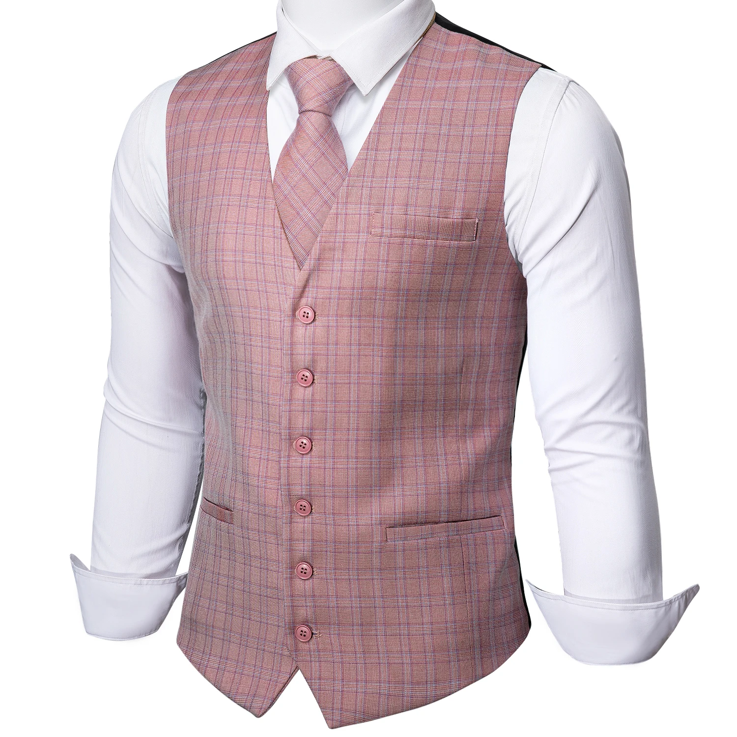 

Barry.Wang Mens Pink Plaid Waistcoat Blend Tailored Collar V-neck 3 Pocket Check Vest Tie Set Formal Leisure MD-2301