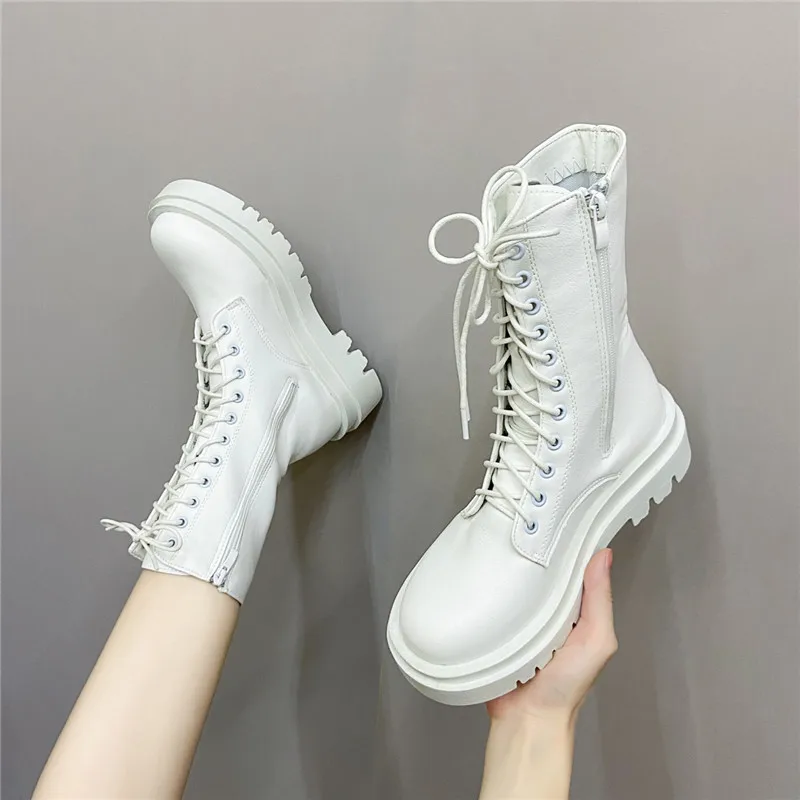 COOTELILI Women Ankle Boots PU Leather 2024 Winter Woman Boots Platform Boots Shoes 5cm Heel Lace UP Zip Plus Size 41 42 43