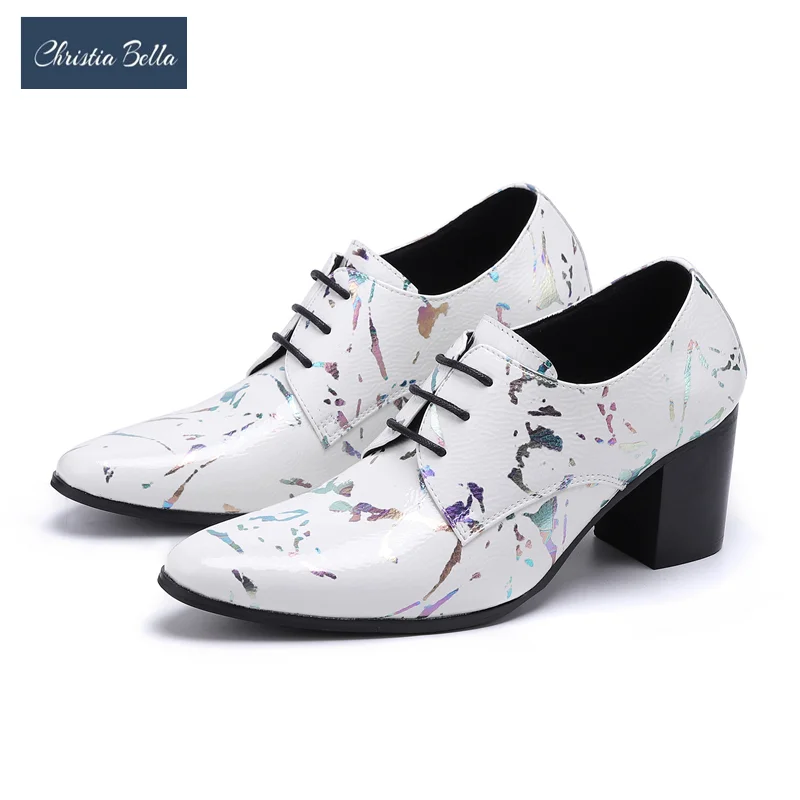 

New Elegant White Print Men Lace Up Heightening Shoes Wedding Party Formal Shoes Man Big Size Business Real Leather Dress Shoes