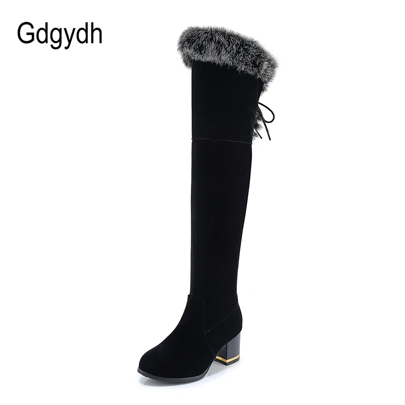 Gdgydh Natural Fur Winter Boots Women Knee High Long Boots Square Heel Winter Shoes Woman Waterproof Rubber Sole Plus Size 46