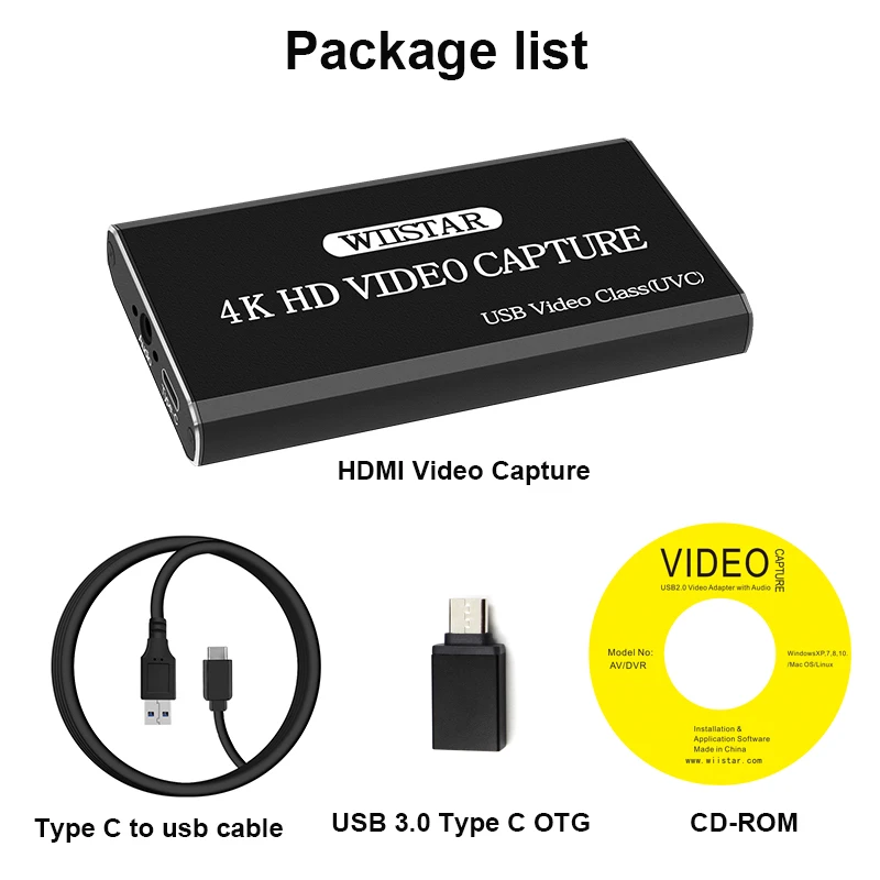 Video Capture Card Grabber HDMI to Type-C/USB C/USB 2.0 1080P 30fps Game Adapter with HDMI Loop Output for Windows Linux OS