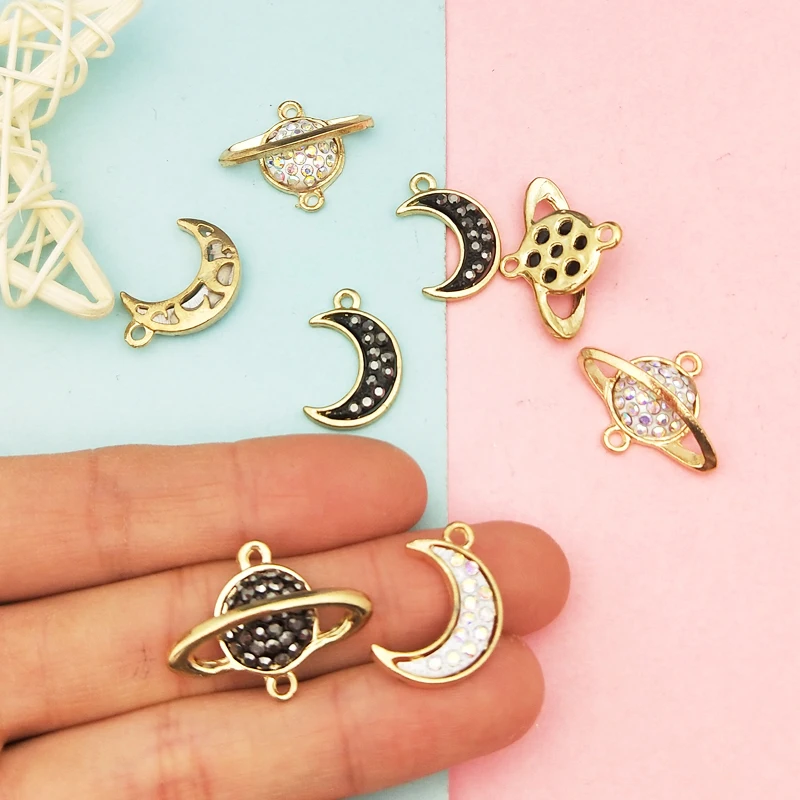 10pcs Rhinestone Moon Planet Enamel Metal Charms Connectors  Making Bracelet Necklace Earring Floating For Jewelry DIY Accessory