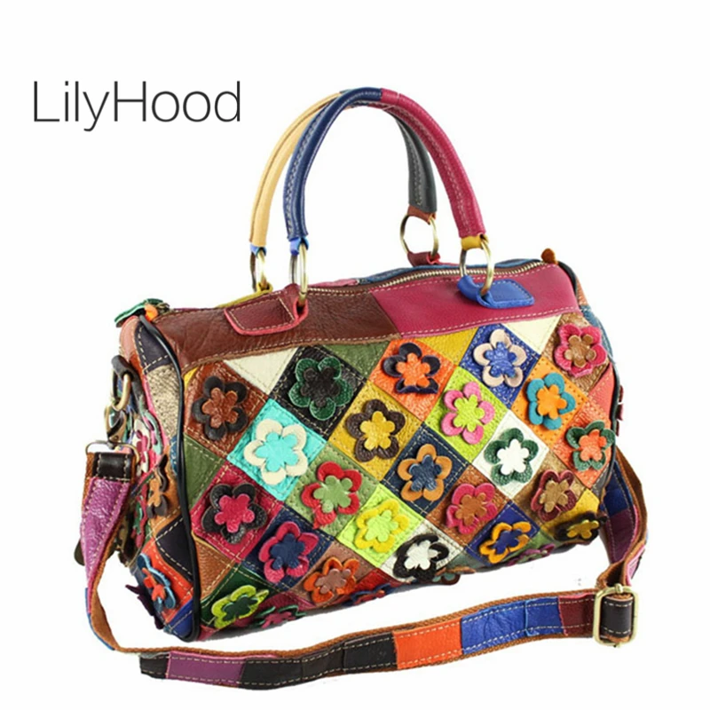 Borsa a mano in pelle di mucca patchwork floreale per donna 2024 Borsa a tracolla Bowler Boston multicolore in vera pelle di qualità femminile