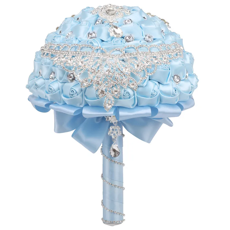 Diamond Light Blue Bride Bouquet Bridesmaid Holding Bouquet Satin Rose Diamond Brooch Bouquet Wedding Church Decoration QL011