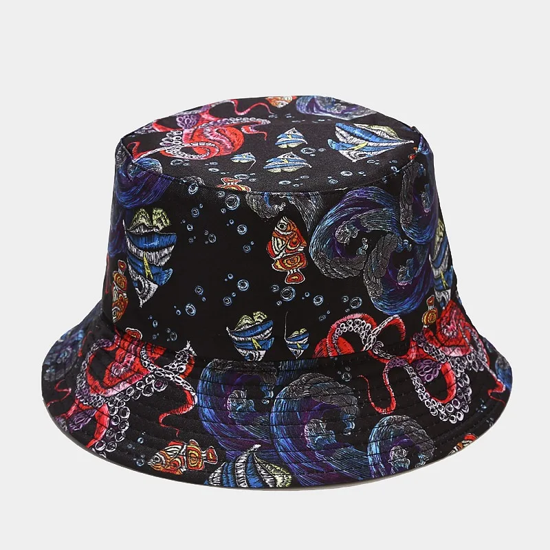 2022 New Funny Anime Cartoon Bucket Hat Reversible Fisherman Hat Unisex Street Hip Hop Flat Cap Fishing Bob Hat
