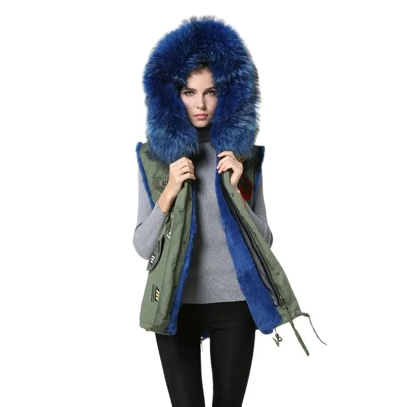 Chaleco de piel azul Real para mujer, estilo corto sin mangas, Parka de moda para hombre, insignia más nueva con cuello grande, chaleco Unisex