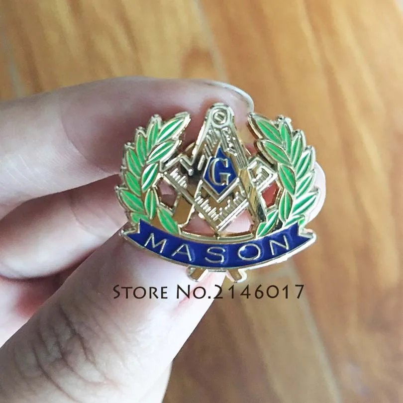 New Arrival 1'' Masonic Wreath Hat Lapel Pin Square and Compass G Mason Enamel Pins Brooch Freemason Metal Badge Blue Lodge