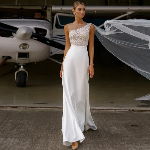 Imagen 1 del producto Vestidos de novia de sirena 2022, vestidos clásicos de encaje con cuentas y botones de perlas, ilusión de un hombro, novia elegante