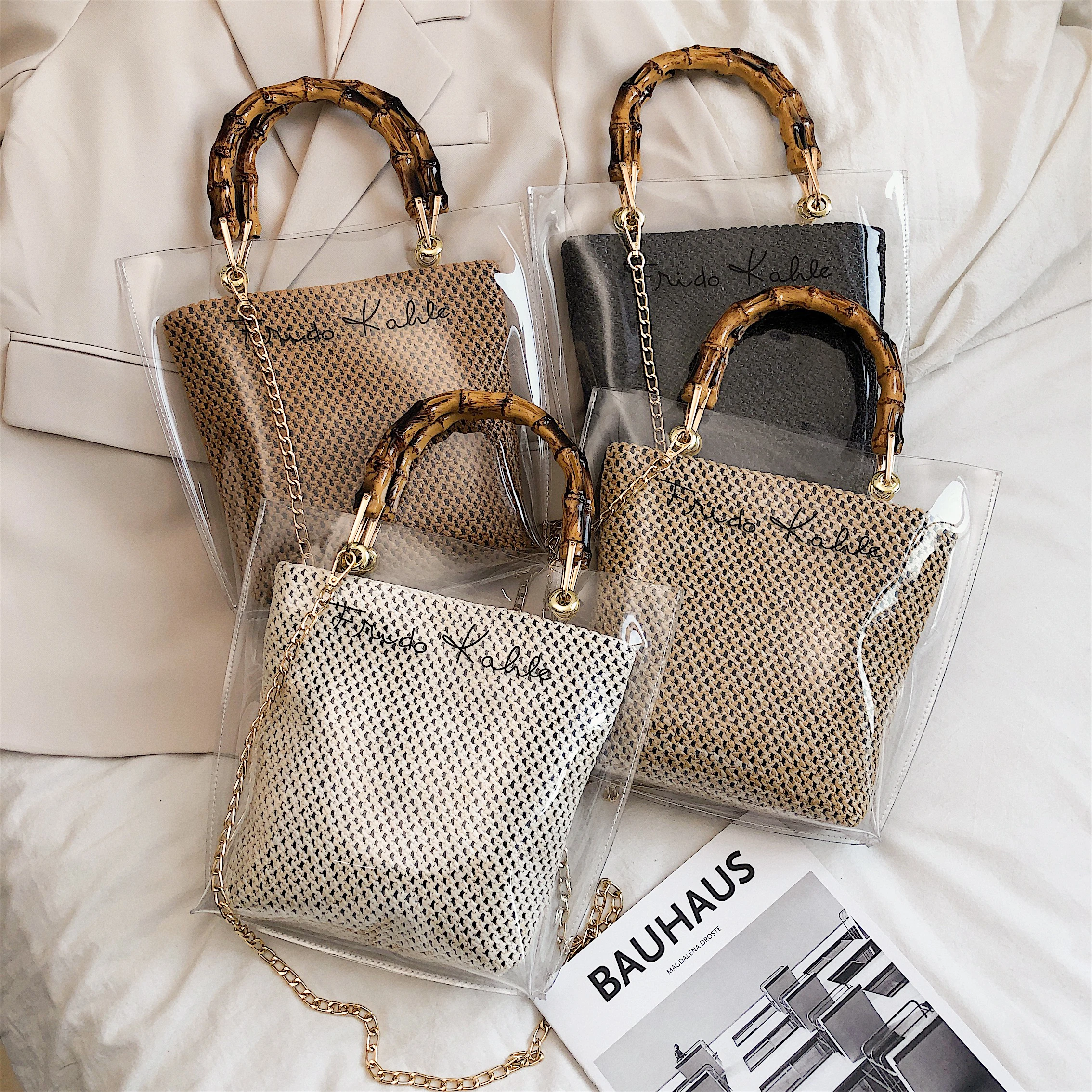 Slub Handle Transparent Bags For Women 2022 Summer Travel Shoulder Simple Crossbody Handbags Lady Beach Hand Bag