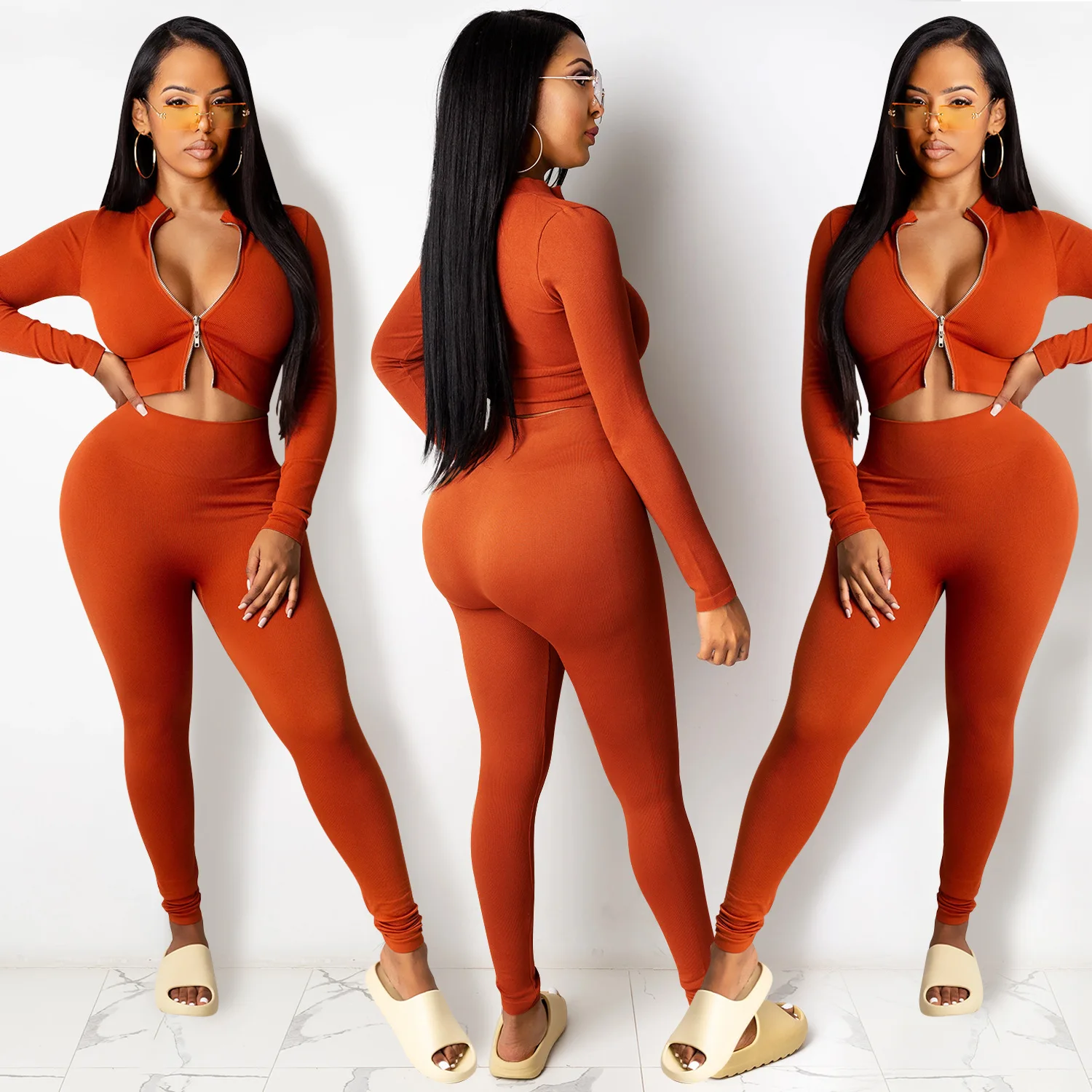 2021 Hot sale women clothing high stretchy zip up tops with leggings tracksuit two piece set casual blouse outfits streetwear