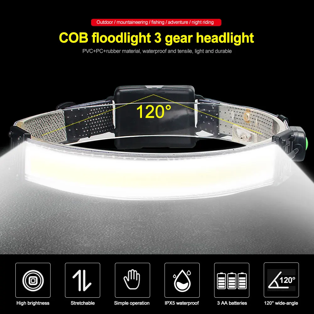 10W LED Headlight Strip Headlamp Waterproof Outdoor Head Torch 3*AA Battery COB Headlamp Camping Hunting Lightweight Flashlight