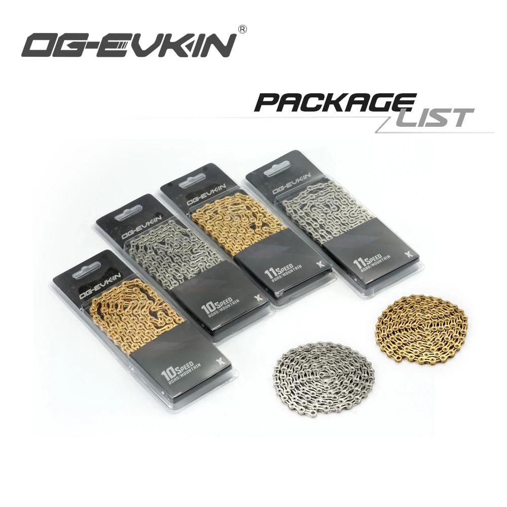 OG-EVKIN C-01 9/10/11 Speed Bicycle Chain Half/Full Hollow Bike Chain Mountain/Road Chains Ultralight 116 Quick Link Gold/Silver