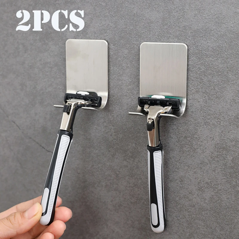 2pcs Stainless Steel Razor Holder Men Shaving Razor Straight Stand Shelf Shaving Razor Storage Rack Bathroom Hook Organizer