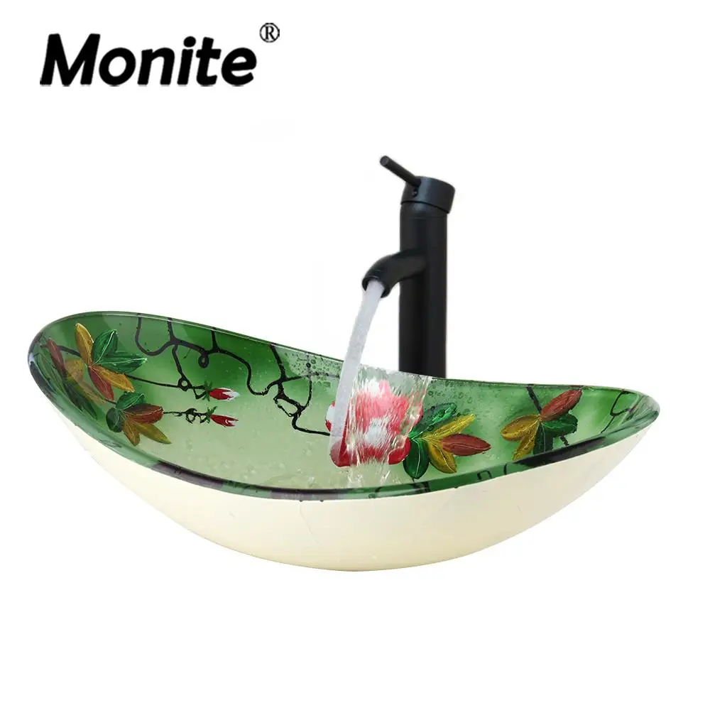 Green Hand Paint Oval Glass Washroom Vessel Vanity Sink Bathroom Mixer Basin Washbasin Brass Black ORB Faucet Set Pop up Drain