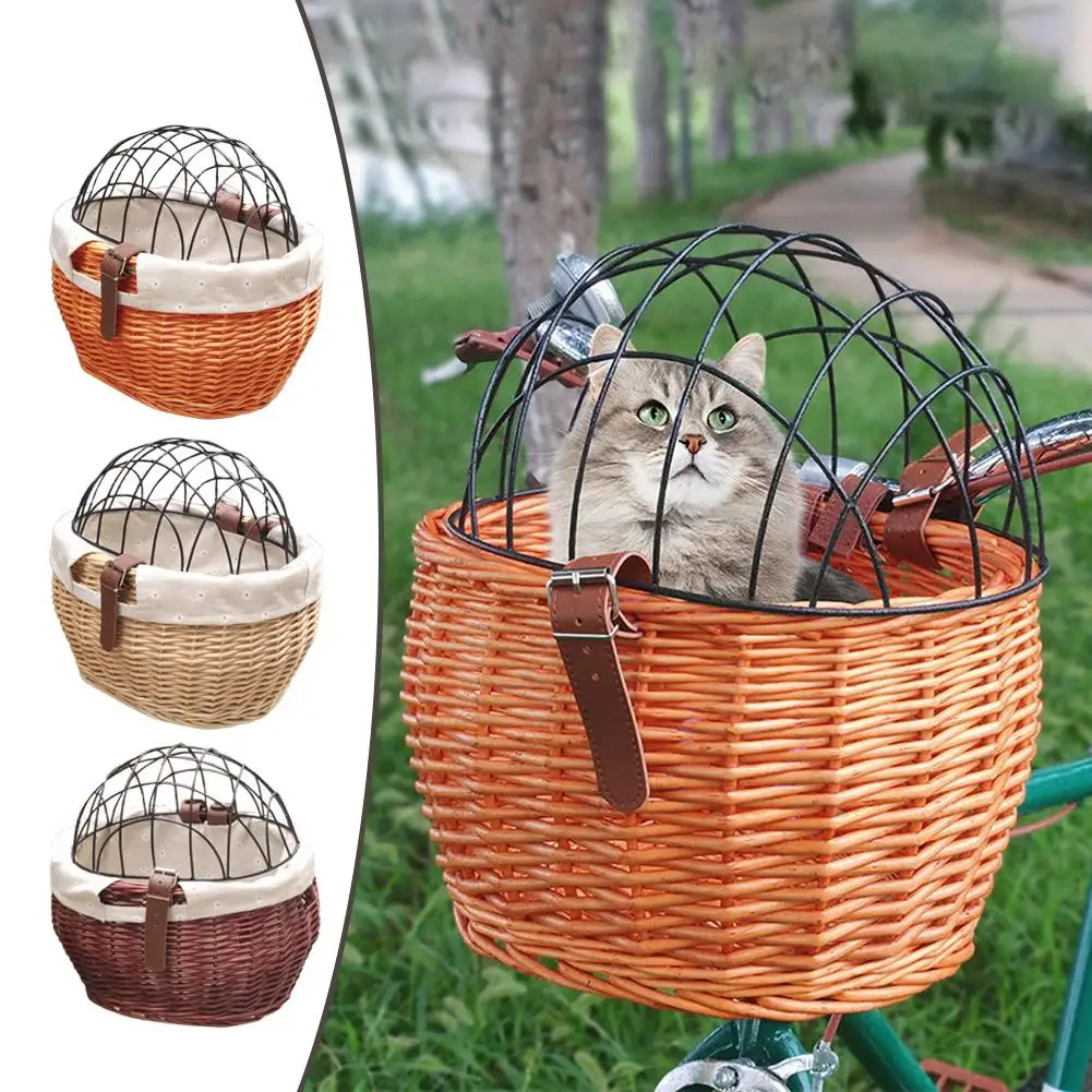 

Bike Basket Dog Pet Carry Bag Woven Front Handlebar Wicker Bicycle Basket for Small Pet Carrier Adult Boys Girls Bike