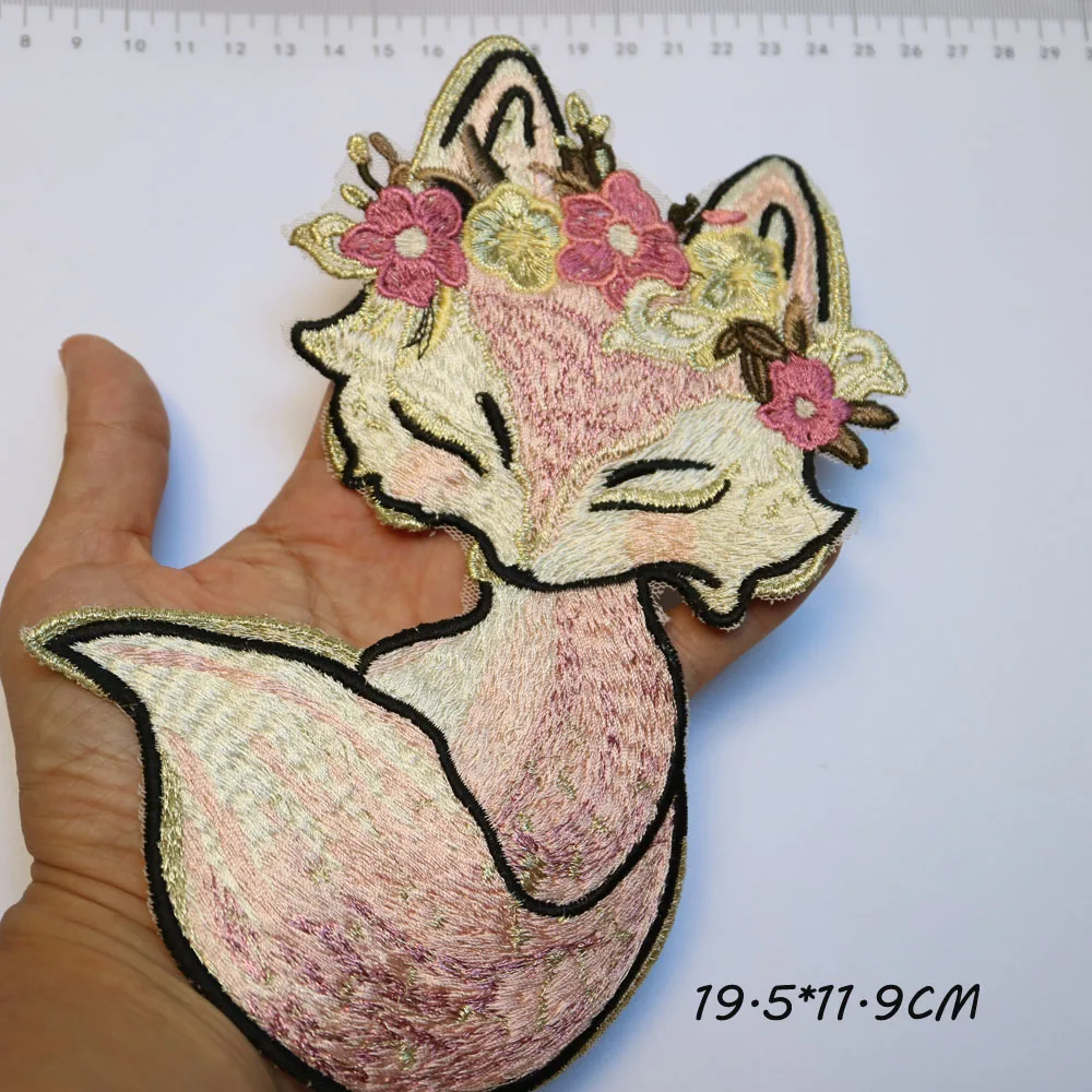 Pink cartoon animal patches for clothing DIY fox embrodered patch for clothes applique floral decorative sew on Parches