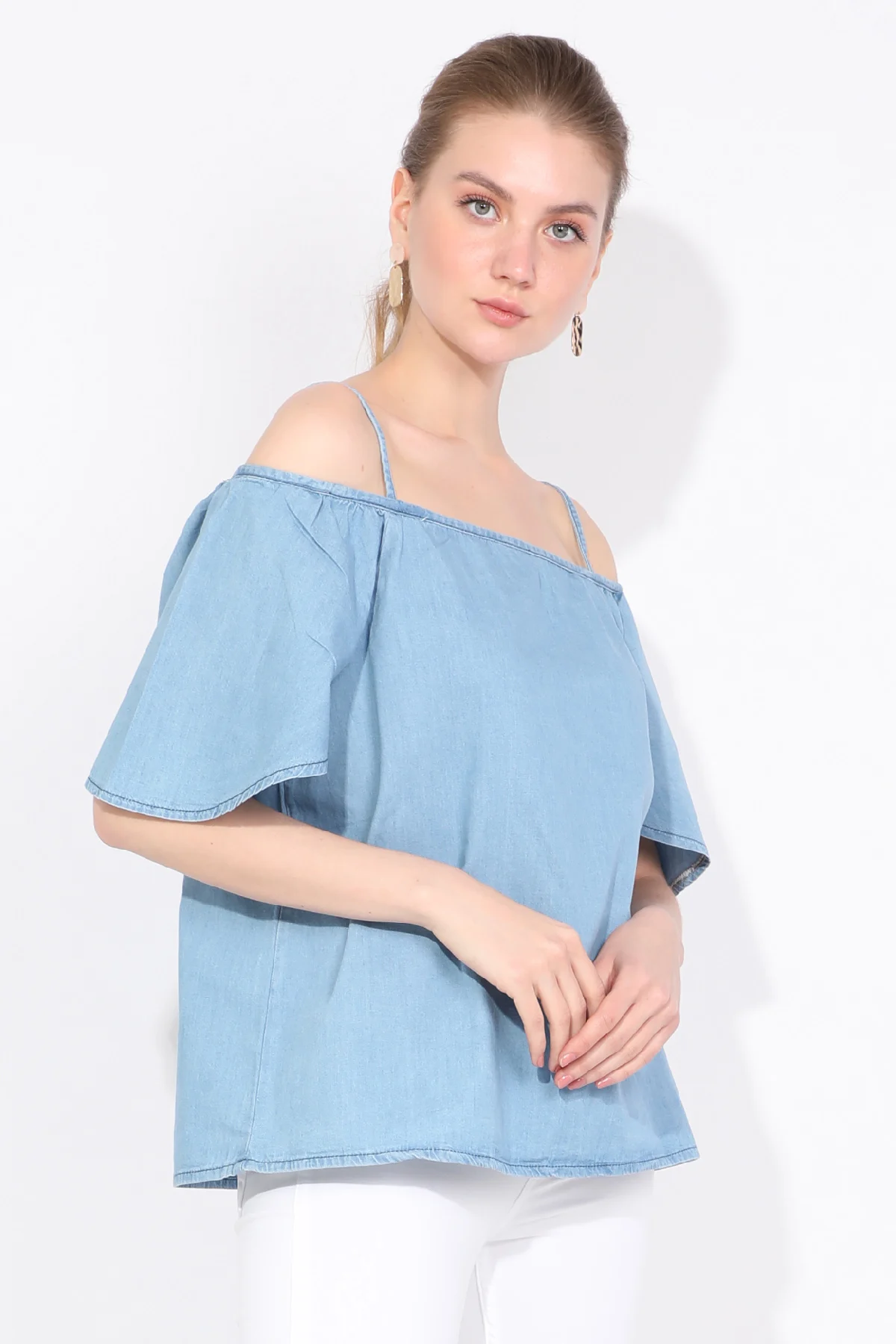 Women Slim Halter Low Omuzlu Jean Blouse Light Blue