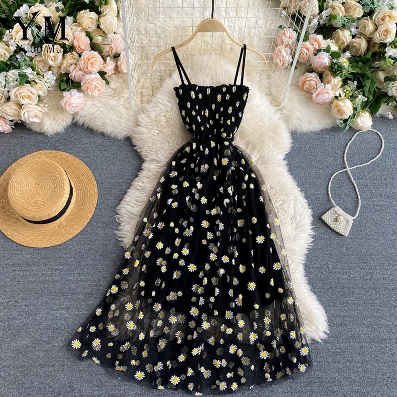 YuooMuoo Vestido de fiesta coreano con estampado de margaritas en malla, dos capas, tirantes finos, para vacaciones de verano, midi, playa 2