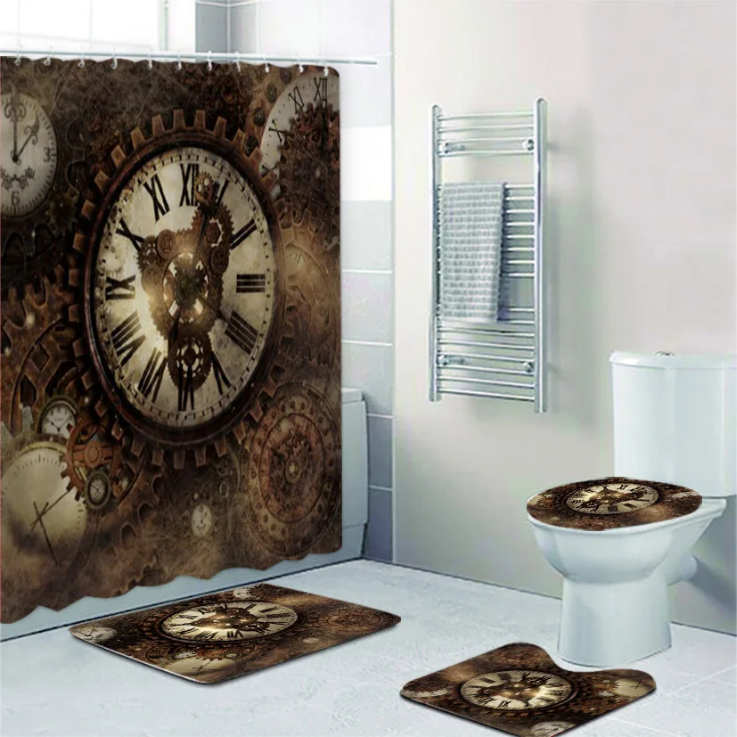 3D Vintage Steampunk Clocks and Gears Bathroom Shower Curtain Set Gothic Industrial Bath Mats Rugs Carpet for Toilet Accessories