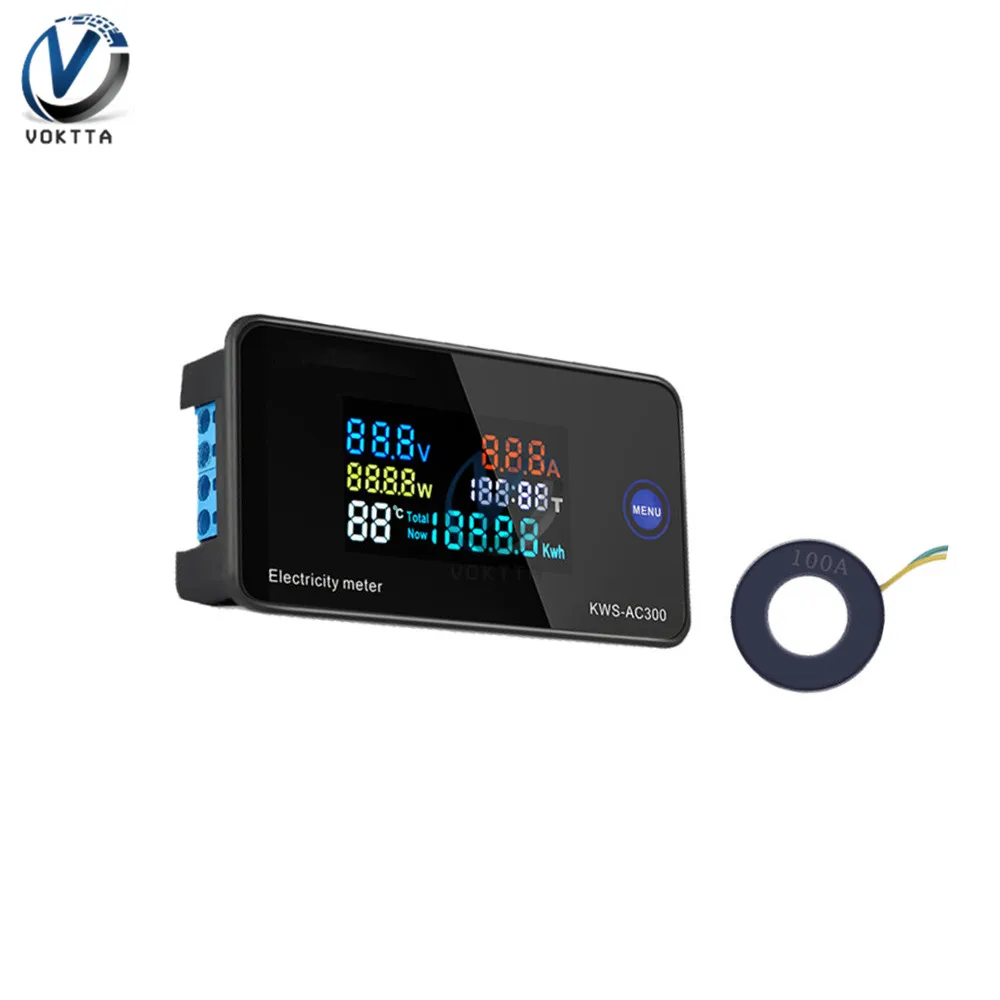 AC 50-300V 10A 100A LCD Digital Panel Wattmeter Energy Power Meter Voltage Voltmeter Current Ammeter Frequency Indicator 450V