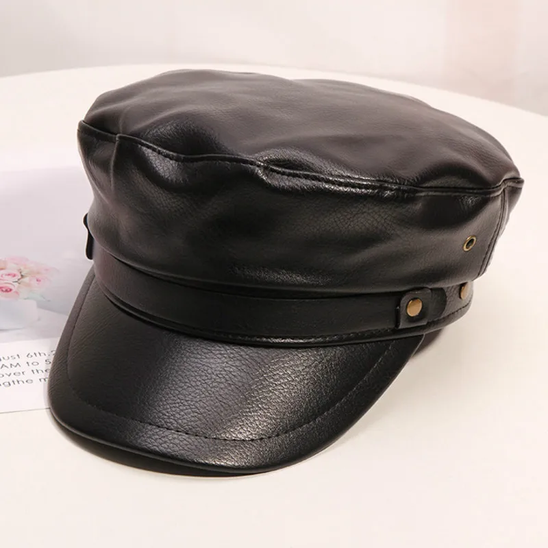 

H737 Military Navy Hat Female Autumn Winter Korean PU Leather Black Cap Girl British Vintage Simple Outdoor Shopping Casual Caps