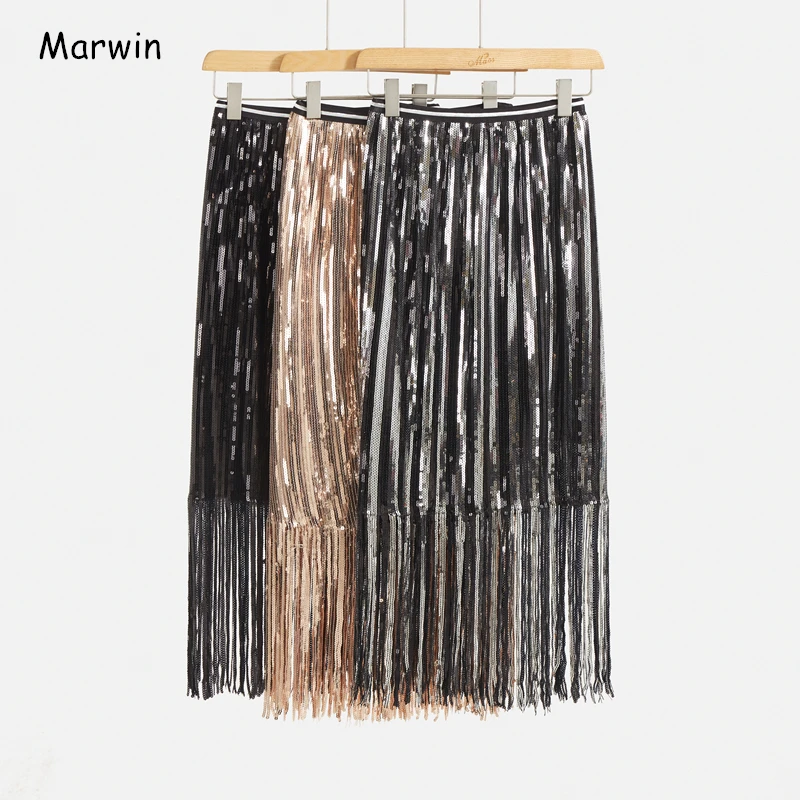 

Marwin 2020 New-Coming Spring Solid Tassel Sequined Straight Mid-Calf Empire High Street Style Women Skirts Party Holiday Skirts