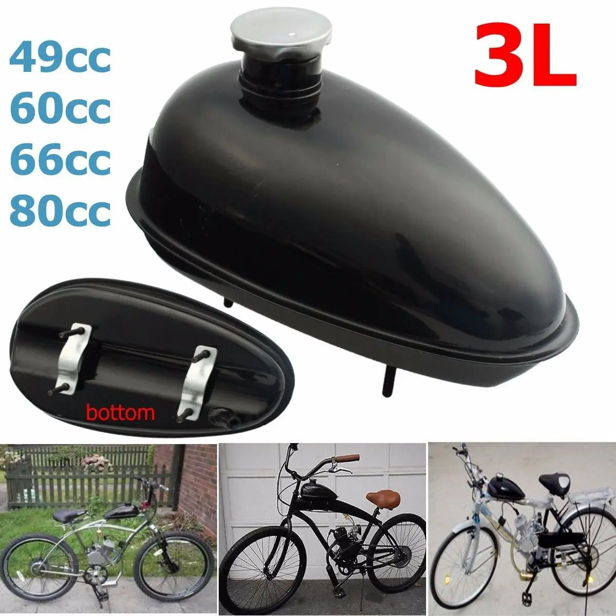 3L Motorized Bicycle Fuel Gas Tank With Cap For 80cc 60cc 66cc 49cc 2 Stroke Motorised Bike Fuel Gas Tank+Cap