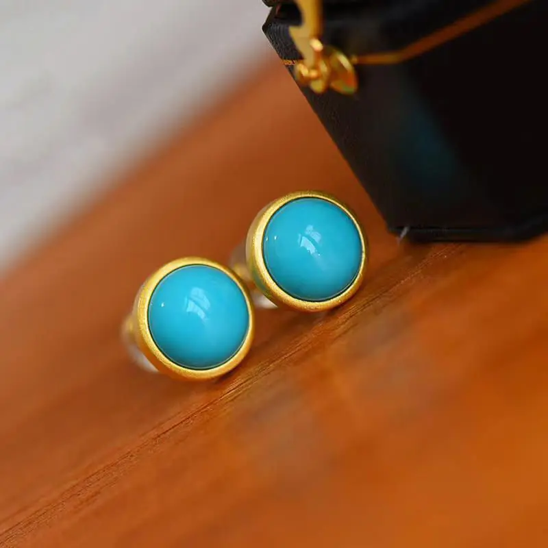 Original New Silver Inlaid Turquoise Round Earrings retro cool charm sand gold craft light luxury women\'s brand jewelry