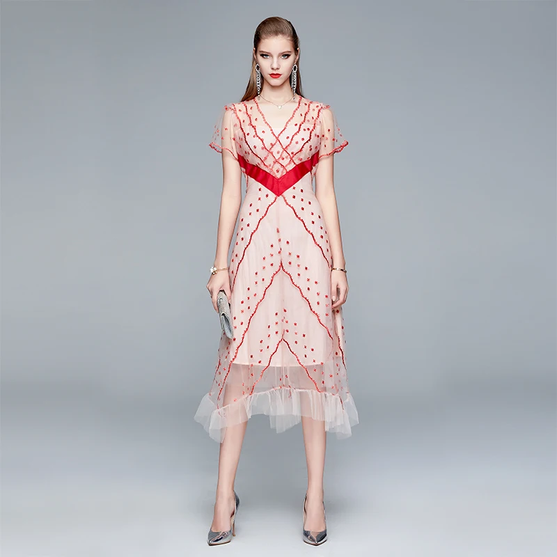 

2021 New Female Sexy V-Neck Mesh Embroidery Summer Dress Women Elegant Gauze Runway Midi Dresses Vestidos