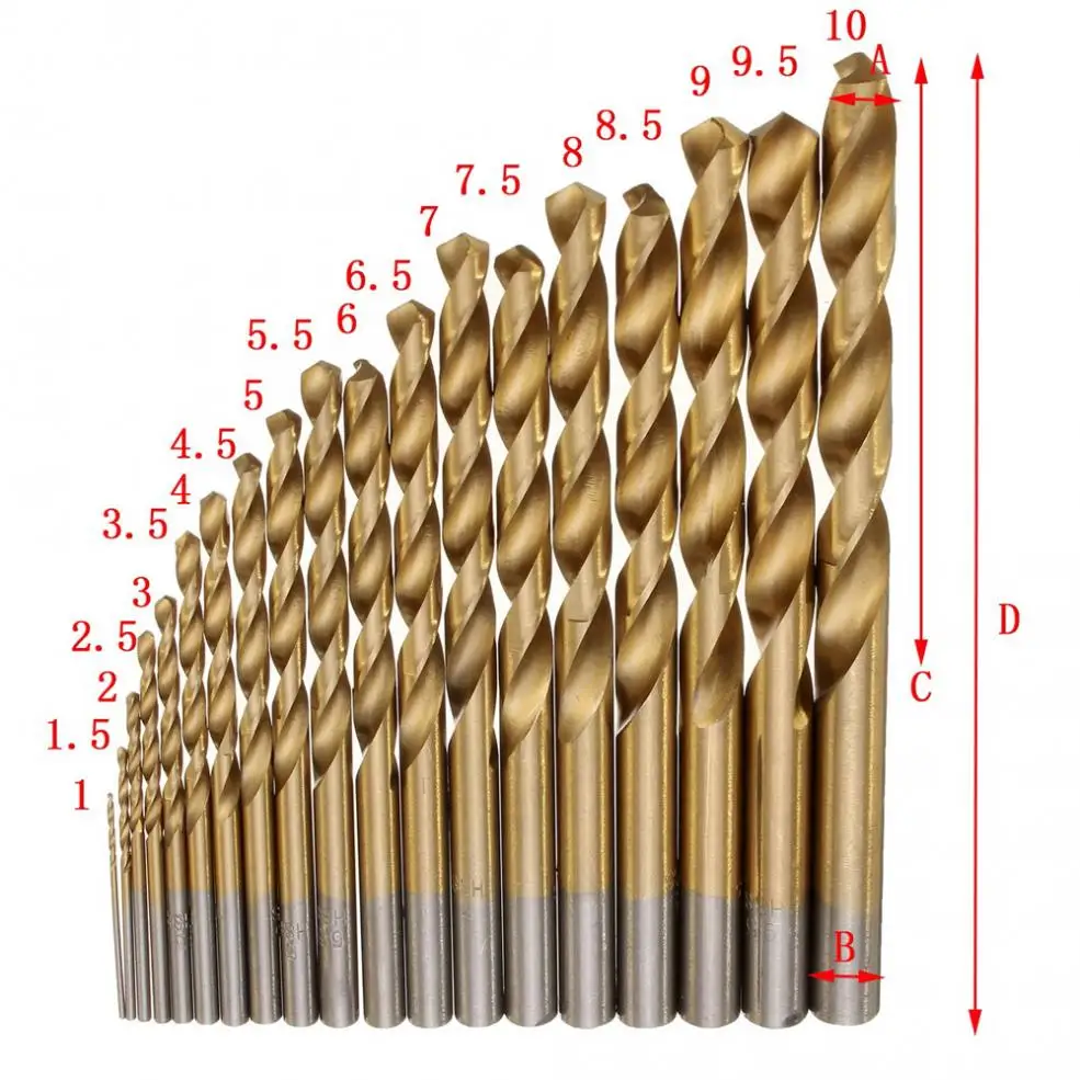 19Pcs Manual Twist เจาะบิตไทเทเนี่ยมเคลือบ HSS เครื่องมือเจาะเหล็กความเร็วสูง1มม.-10mm ใหม่