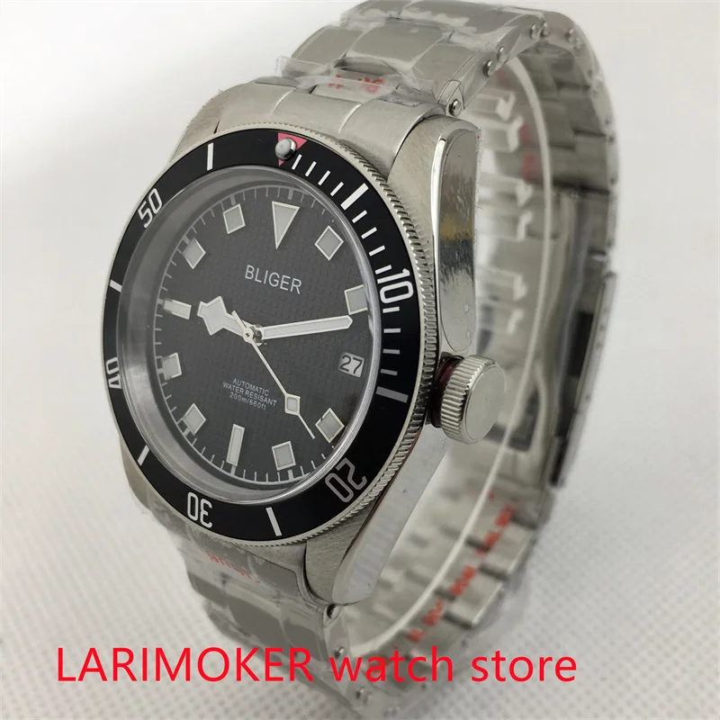 Bliger-reloj mecánico para hombre, pulsera de acero inoxidable con superficie de cristal de zafiro NH35, movimiento japonés, 41mm, esfera negra, Gre