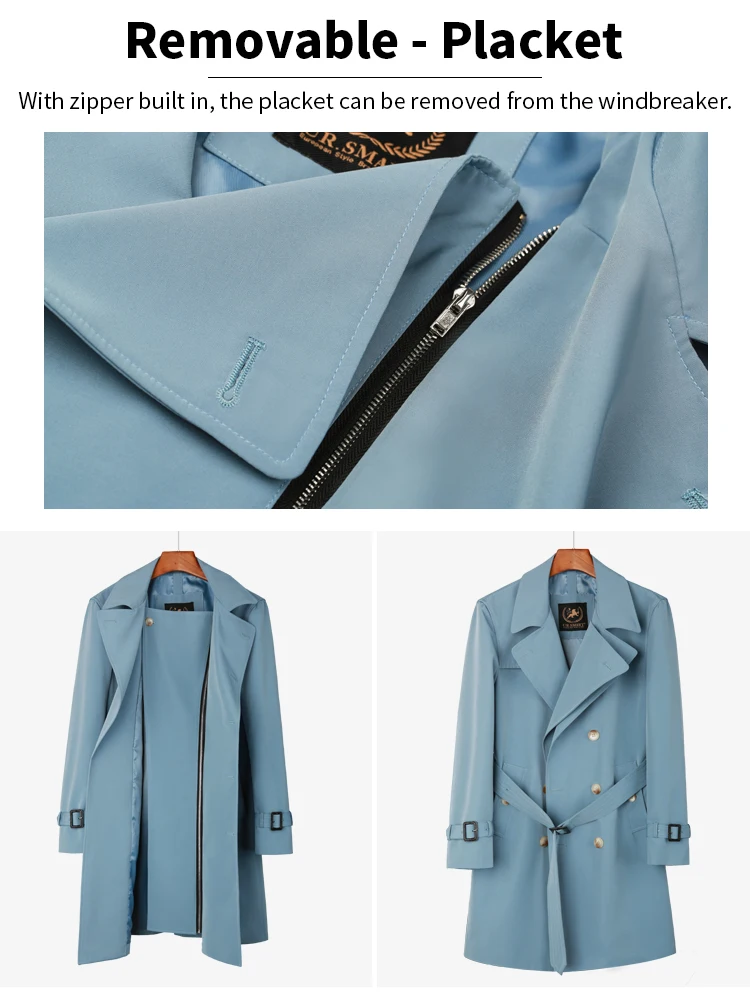 Long windbreaker men’s double breasted British fashion sky blue autumn and winter new double collar loose coat jacket