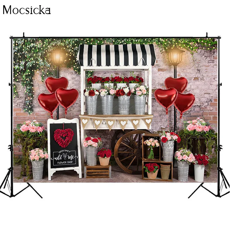 Valentine's Day Rose Flower Cart Shop Photo Background Love Heart Balloon Newborn Child Portrait Photography Props Photo Studio