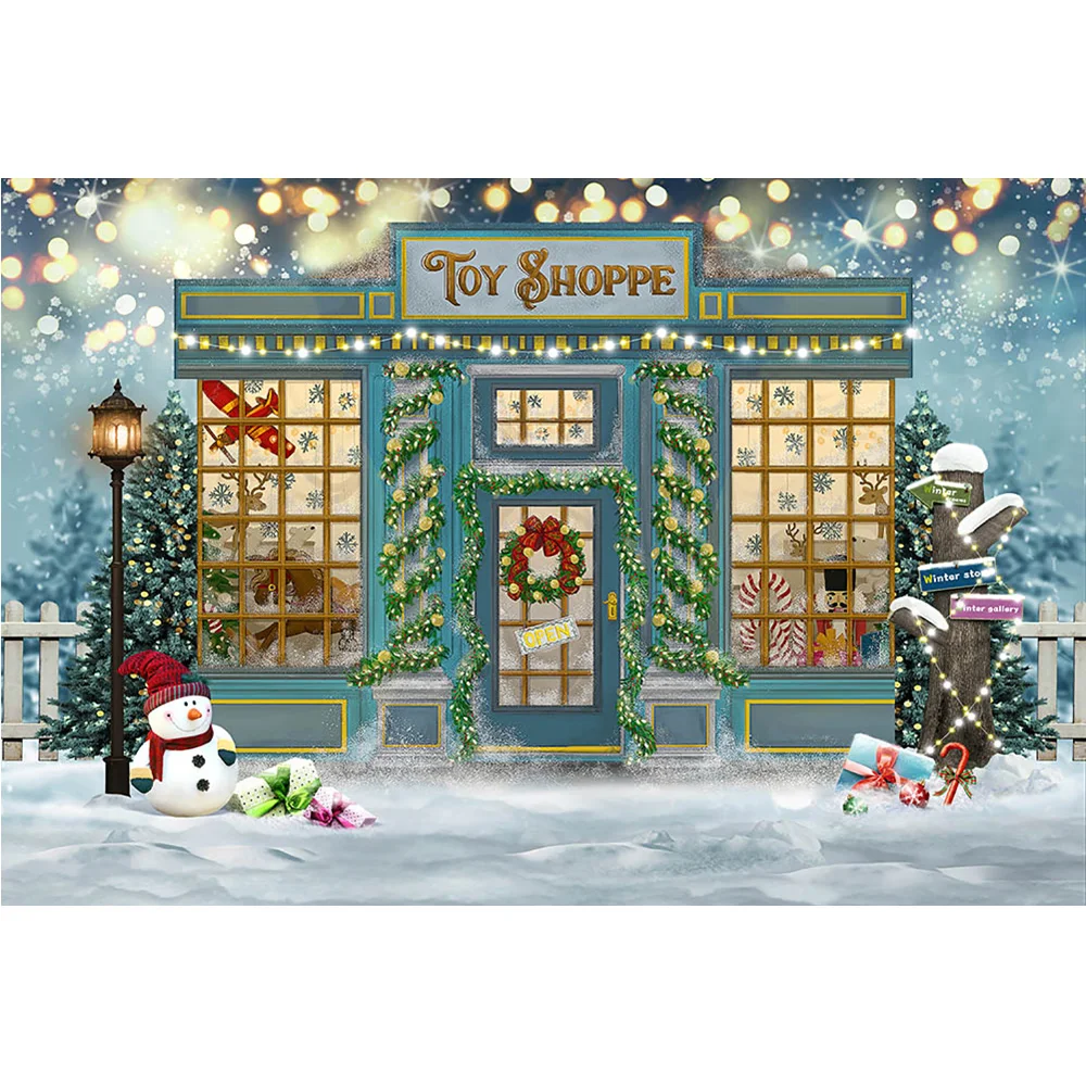 Mainan Musim Dingin Shoppe latar belakang Natal Photocall Bokeh salju manusia salju potret latar belakang fotografi pohon Snowfiled latar belakang