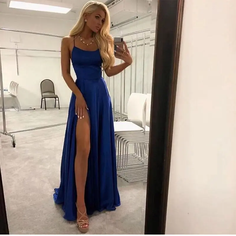 

Customized Split Prom Dresses Elegant Women Party Night Formal Long Evening Dress Spaghetti Straps Vestidos Robe De Soiree