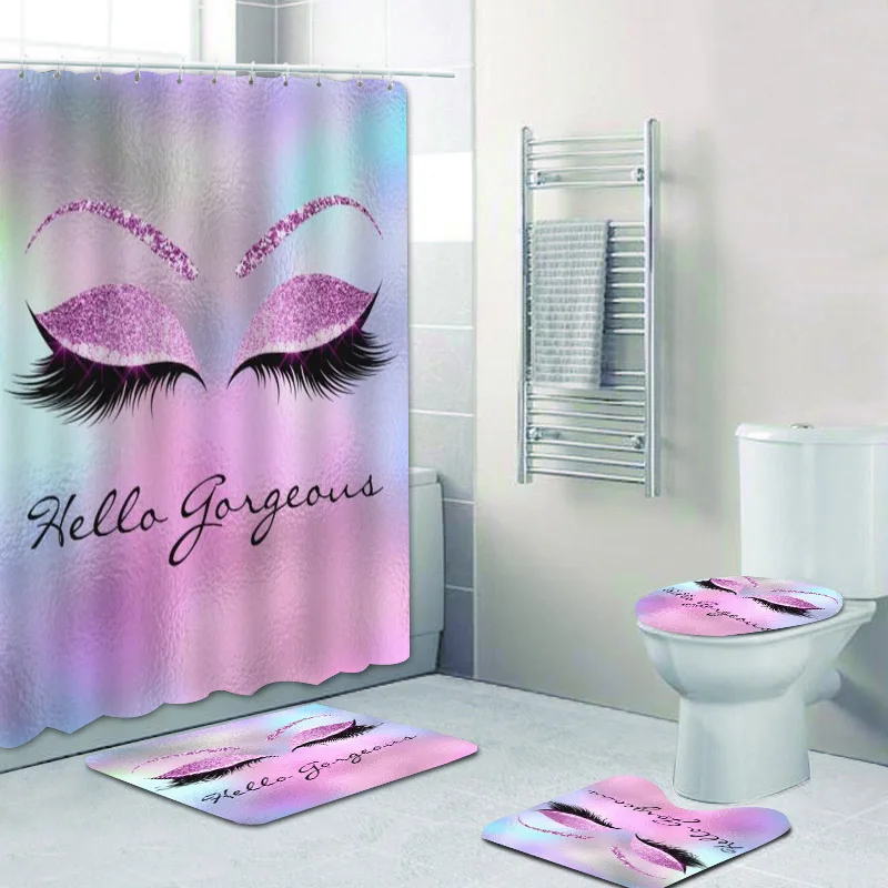 Rose Gold Lashes Beauty Eyes Lash Bathroom Curtains Shower Curtain Set Blush Makeup Artist Beauty Salon Bath Mats Rug Home Decor