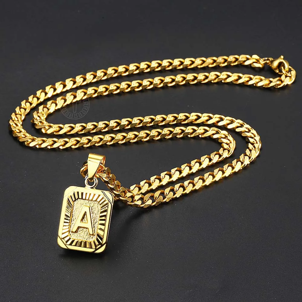 Womens Mens Necklace Stainless Steel Gold Color Curb Cuban Link Chain Square Letter Pendant Necklace for Men Dropship LGP57_B