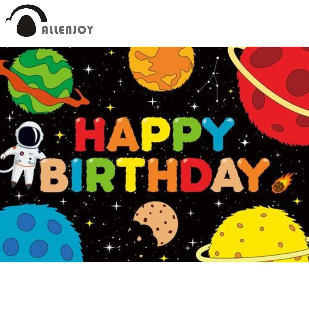 

Allenjoy Happy Birthday Party Background Colourful Outer Space Astronaut Boy Kids Baby Shower Planet Decor Photobooth Backdrop