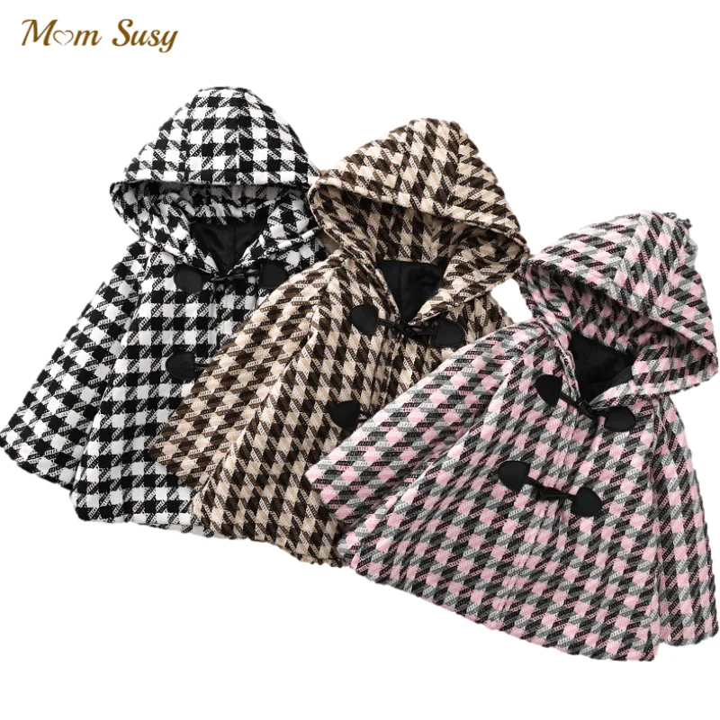 

Girl Boy Thick Woolen houndstooth hooded Jacket Winter Spring Autumn Child Cotton Padded Coat Cloak Outwear Baby Clothes 1-7Y