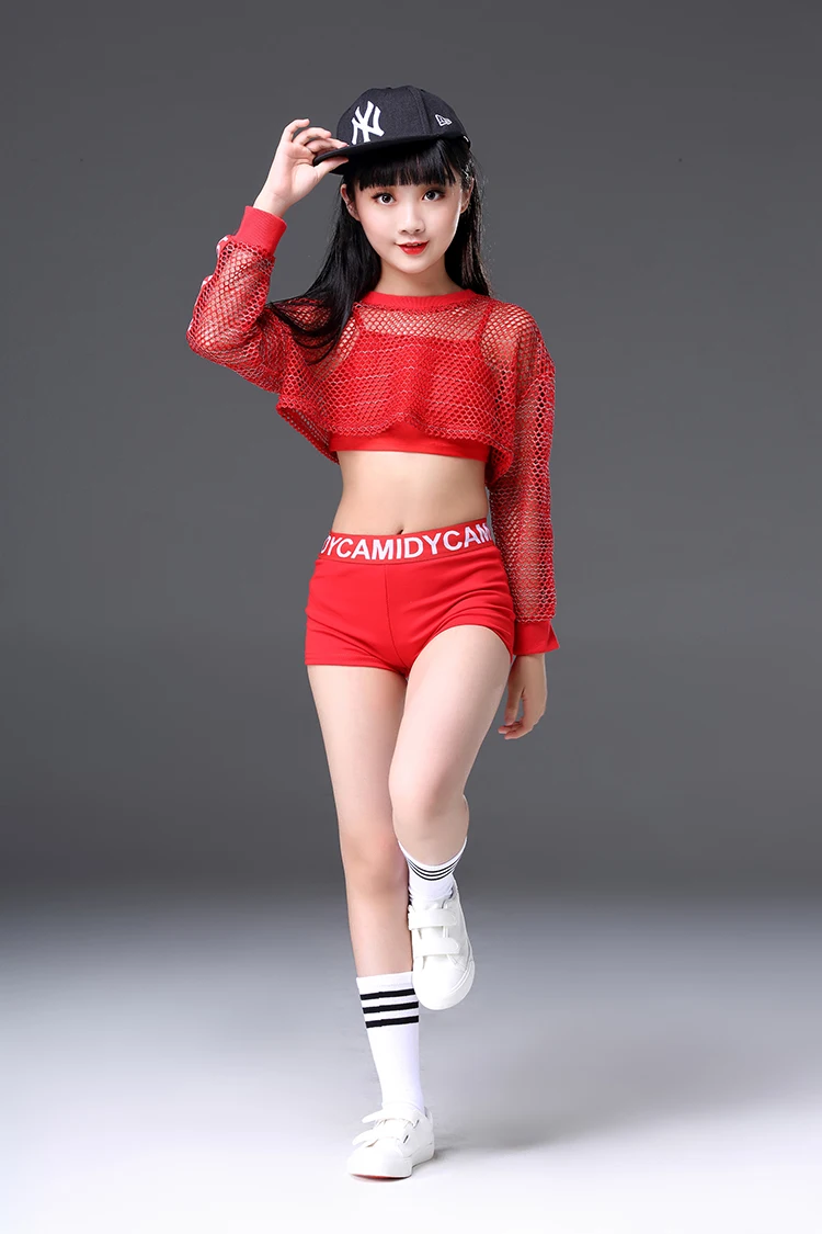 어린이 레드 재즈 댄스 의상 소녀 반짝이 Fishnet 커버 탑 스트레치 반바지 댄스 세트 힙합 현대 파티 무대 의상
