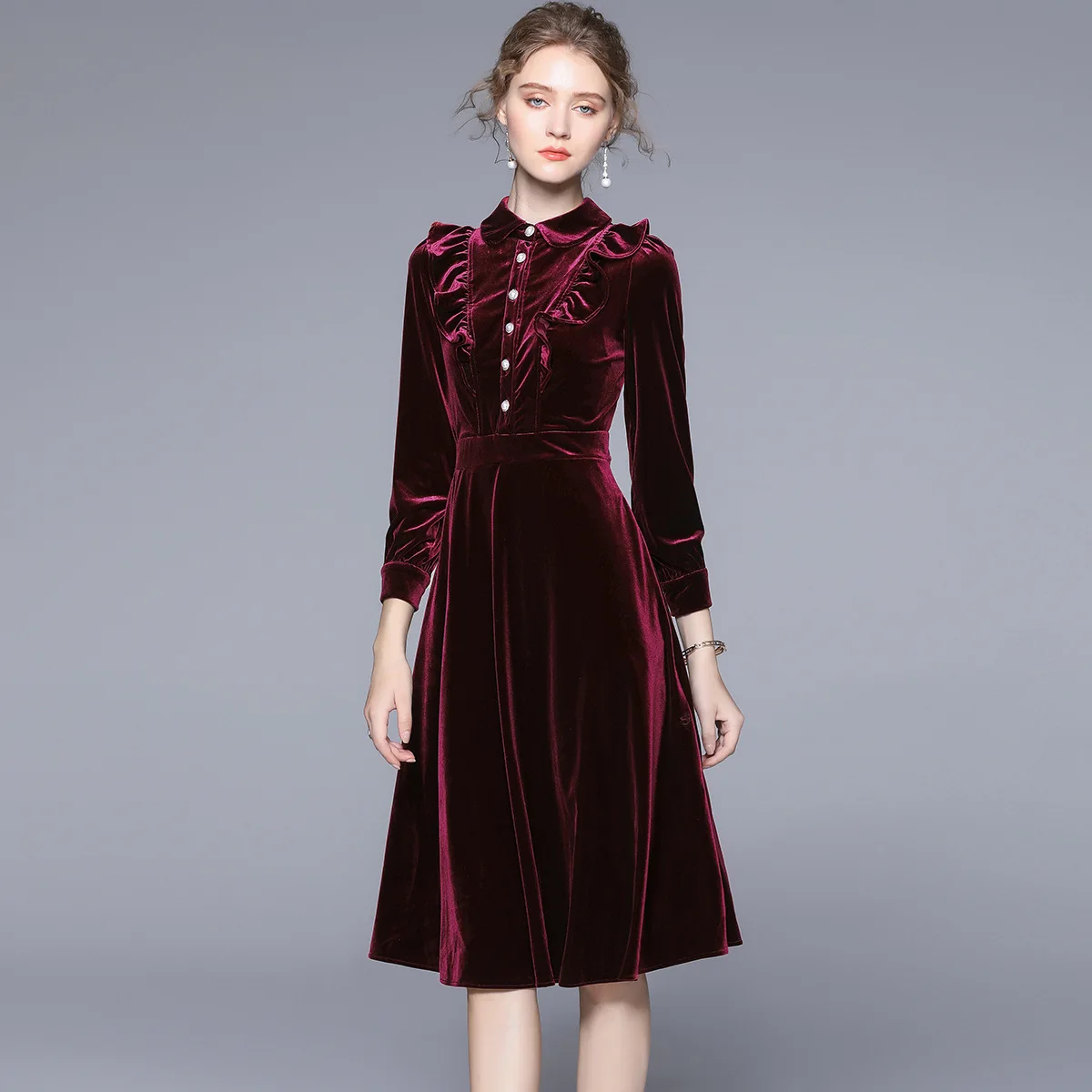 

Women's Spring Dress Peter Pan Collar Puff Long Sleeve Golden Velvet Medium Long Ruffle Dress Dinner Dress