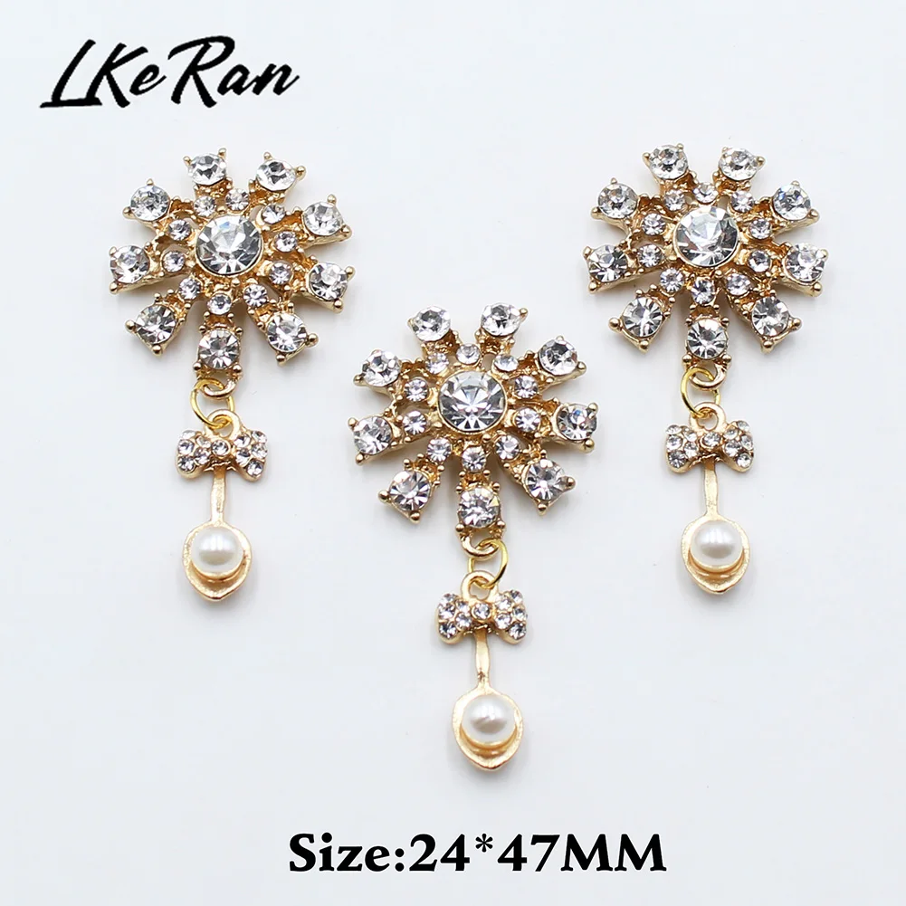 LKERAN 5pcs 24mm*47mm Golden Alloy Rhinestone Pendants Buttons for Wedding Decoration Metal Brooch Hair Bow DIY Jewelry Craft