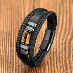 Pulsera de cuero multicapa Vintage para hombres, pulsera de cuentas de piedra de Chakra Bohemia, joyería de acero inoxidable, regalo de muñeca masculina