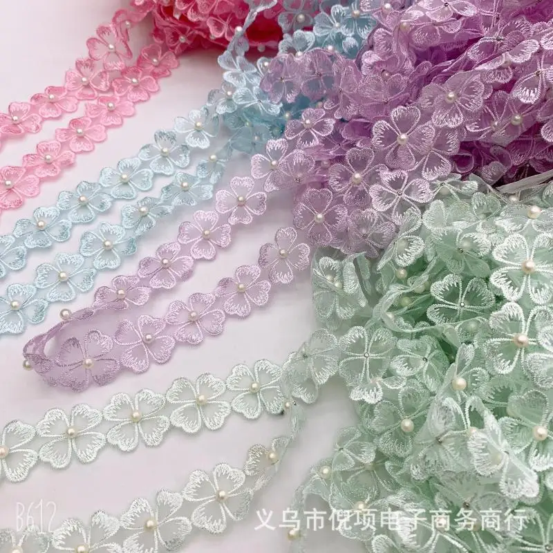 1 yards 3cm Four-leaf Clover Pattern Lace Embroidered Pearl Decor Organza Satin Ribbons DIY Gift Packaging Sewing Materials