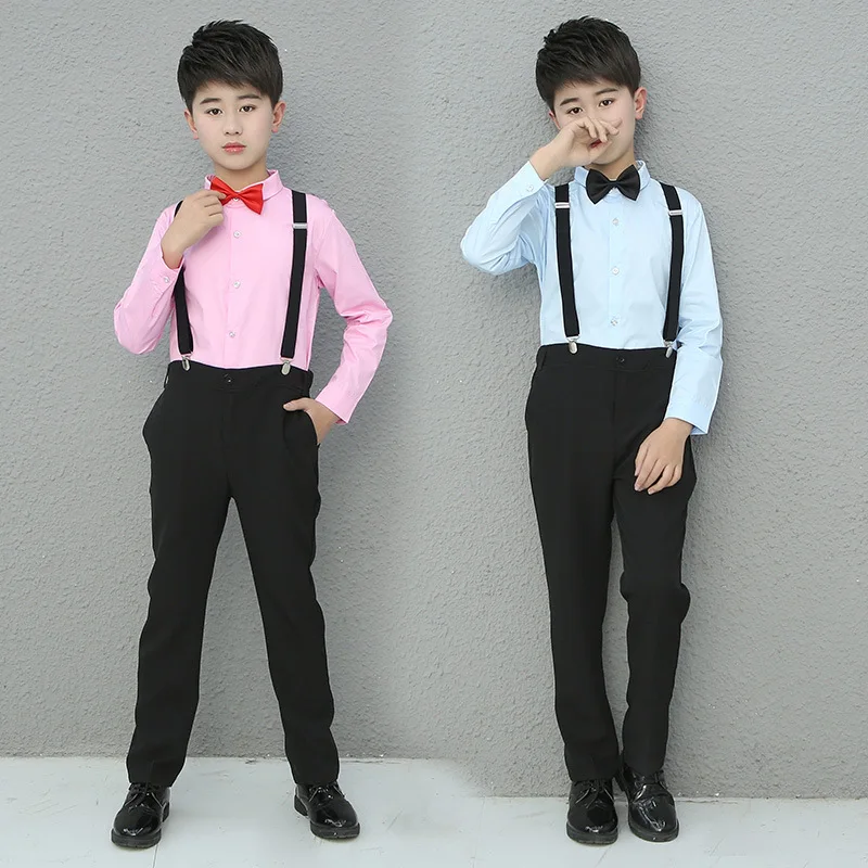 

Spring Fall Children's Performance Suit Toddler Baby Boys Long Sleeve White Shirts + Black Trousers Teenage Bow Chorus Costume
